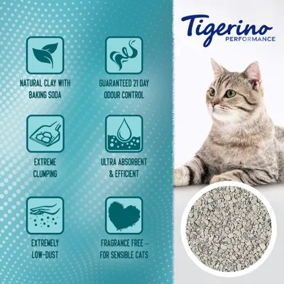 Tigerino Performance kissanhiekka. Tekstit englanniksi: natural clay with baking soda, guaranteed 21 day odour control, extreme clumping, ultra absorbent & efficient, extremely low-dust, fragrance free – for sensible cats. Kuvassa myös kissa ja hiekan lähikuva.