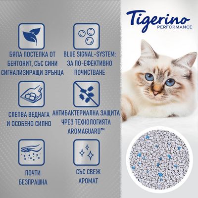Tigerino Performance. Бяла постелка от бентонит със сини сигнализиращи зърнца, Blue Signal-System, слепва веднага, антибактериална защита Aromaguard, почти безпрашна, свеж аромат.