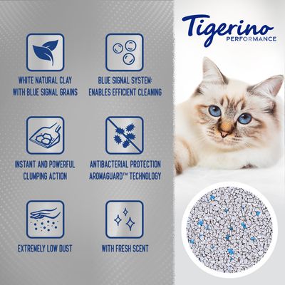Tigerino Performance kattenbakvulling, Engelstalige claims: white natural clay with blue signal grains, blue signal system enables efficient cleaning, instant and powerful clumping action, antibacterial protection Aromaguard technology, extremely low dust, with fresh scent.