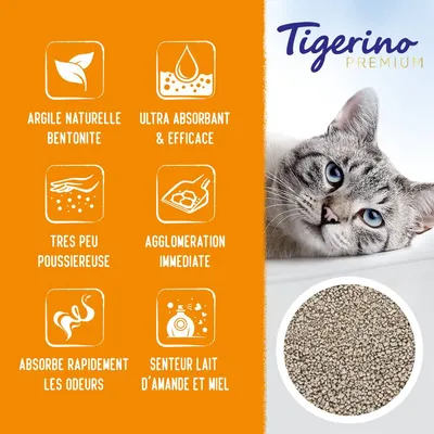 Tigerino Premium. Argile naturelle bentonite, ultra absorbant & efficace, très peu poussiéreuse, agglomération immédiate, absorbe rapidement les odeurs, senteur lait d’amande et miel.