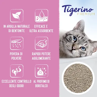 Tigerino Premium. In argilla naturale di bentonite, efficace e ultra assorbente, povera di polvere, rapido potere agglomerante, eccellente controllo degli odori, al profumo di borotalco.