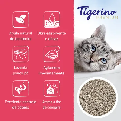 Tigerino Premium. Argila natural de bentonite, ultra-absorvente e eficaz, levanta pouco pó, aglomera imediatamente, excelente controlo de odores, aroma a flor de cerejeira.