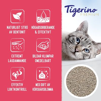 Tigerino Premium. Naturligt strö av bentonit, högabsorberande & effektivt, extremt lågdammande, bildar klumpar omedelbart, effektiv luktkontroll, med doft av körsbärsblomma.