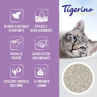 Tigerino Premium. In argilla naturale di bentonite, efficace e ultra assorbente, povera di polvere, rapido potere agglomerante, eccellente controllo degli odori, al profumo di lavanda.