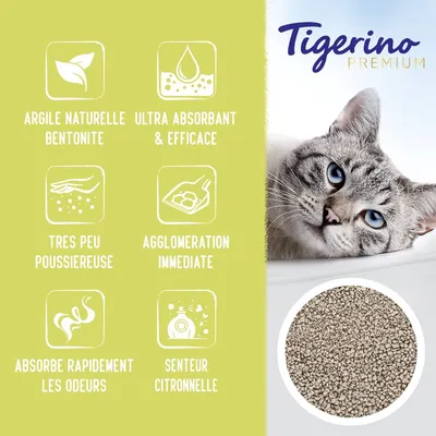 Tigerino Premium, argile naturelle bentonite, ultra absorbant & efficace, très peu poussiéreuse, agglomération immédiate, absorbe rapidement les odeurs, senteur citronnelle.