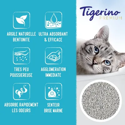 Tigerino Premium. Argile naturelle bentonite, ultra absorbant & efficace, très peu poussiéreuse, agglomération immédiate, absorbe rapidement les odeurs, senteur brise marine.