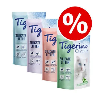 Tigerino Silicate Litter bags in four varieties, visible text: light, stops odours, economical, dust-free, inhibits bacterial growth. Red percent discount symbol top right. Tigerino Silicate Litter bags in four varieties, visible text: light, stops odours, economical, dust-free, inhibits bacterial growth. Red percent discount symbol top right.