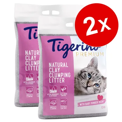 Lot de 2 sacs Tigerino Premium Natural Clay Clumping Litter, parfum baby powder, 12 kg chacun. Texte visible : ultra absorbent & efficient, fast odour control, immediate clumping, extremely low-dust.