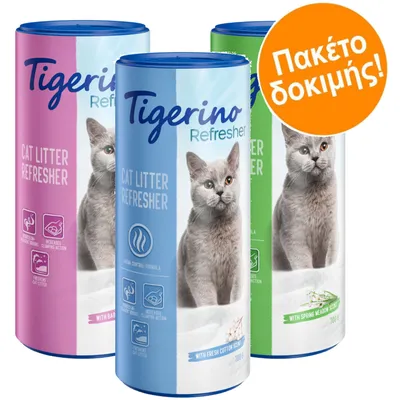 Tigerino Refresher Cat Litter Refresher, τρία δοχεία 700g με γάτα στη συσκευασία. Ετικέτα: Πακέτο δοκιμής! Ορατές ποικιλίες: fresh cotton, baby powder, spring meadow.