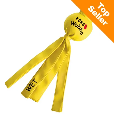 Gult hundtillbehör med texten 'KONG Wubba' och 'WET'. Orange hörn med vit text: 'Top Seller'.