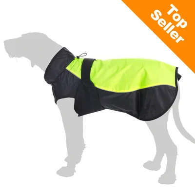 Hund bär svart och gul reflexjacka med kardborreband. Orange hörn med texten Top Seller.