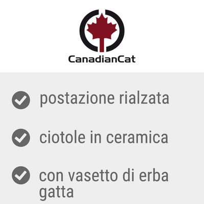 CanadianCat, postazione rialzata, ciotole in ceramica, con vasetto di erba gatta