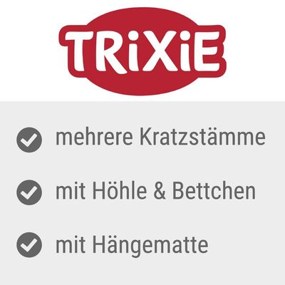 Trixie. Mehrere Kratzstämme, mit Höhle und Bettchen, mit Hängematte.