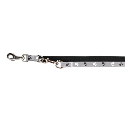 Adjustable black lead with silver reflective strip and paw print pattern, featuring two metal clips for secure attachment.