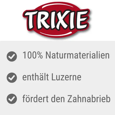 TRIXIE. 100% Naturmaterialien, enthält Luzerne, fördert den Zahnabrieb. Tekst na njemačkom jeziku.