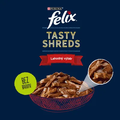 Felix Tasty Shreds kapsičky 44 x 80 g - hovězí, kuře, kachna, krůta ve šťávě 