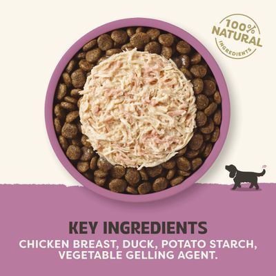 100% натуральные ингредиенты. Основные компоненты: куриная грудка, утка, картофельный крахмал, растительный загуститель.