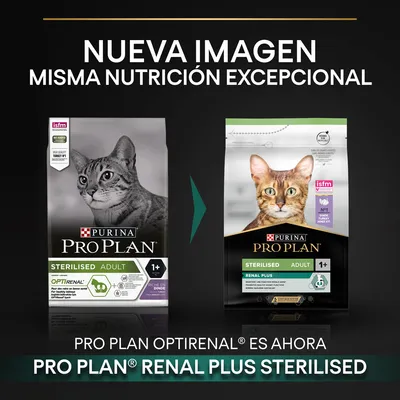 Comparación de envases: Purina Pro Plan Sterilised Adult Optirenal 1+ cambia a Pro Plan Renal Plus Sterilised Adult 1+. Texto: Nueva imagen, misma nutrición excepcional.