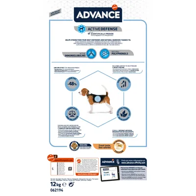 ADVANCE Active Defense, lavt fedtindhold -48 %, komplet og balanceret, uden kunstige konserveringsmidler eller farvestoffer, ingrediens: kylling, 12 kg. Tekst på engelsk.