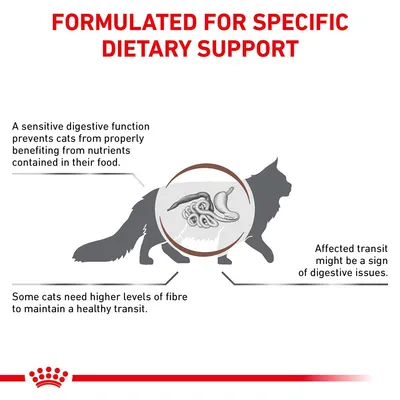 FORMULATED FOR SPECIFIC DIETARY SUPPORT. Κείμενο στα αγγλικά για πεπτική υγεία γάτας, με γραφικό πεπτικού συστήματος και πληροφορίες για ίνες και πεπτικά προβλήματα. Το κείμενο δεν είναι στα ελληνικά.