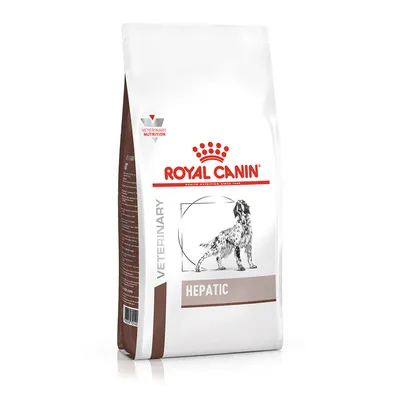 Royal Canin Veterinary Nutrition Hepatic -koiranruokapakkaus, etupuolella koirakuva ja teksti HEPATIC. Pussissa myös teksti VETERINARY.