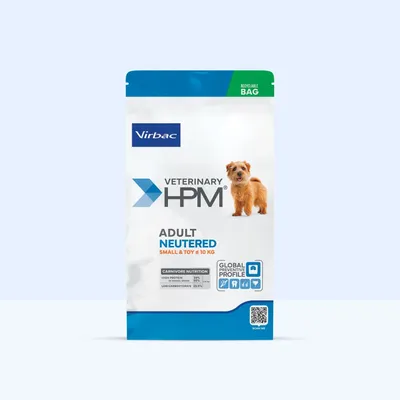 Virbac Veterinary HPM Adult Neutered Small & Toy ≤10 kg, Carnivore Nutrition: Magas fehérjetartalom 34%, alacsony szénhidráttartalom 25,5%, újrahasznosítható csomagolás.