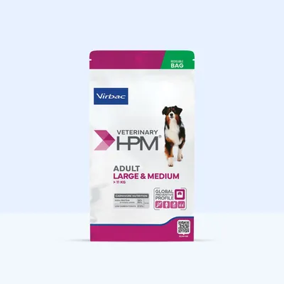 Virbac Veterinary HPM Adult Large & Medium >11 kg, Carnivore Nutrition: Magas fehérjetartalom 34%, Alacsony szénhidráttartalom 23,5%, Globális megelőző profil, újrahasznosítható csomagolás.