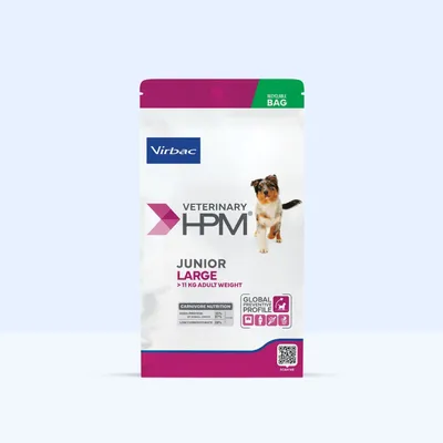 Virbac Veterinary HPM Junior Large >11 kg felnőtt súly, Carnivore Nutrition: Fehérje 35%, Szénhidrát 23%, Globális Megelőző Profil, újrahasznosítható csomagolás.