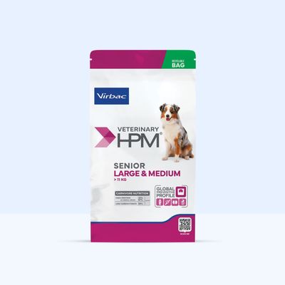 Virbac Veterinary HPM Senior Large & Medium >11 kg, Carnivore Nutrition: Fehérje 32%, Zsír 12%, Szénhidrát 29%, Globális Preventív Profil, újrahasznosítható csomagolás.