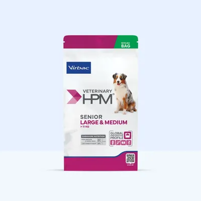Virbac Veterinary HPM Senior Large & Medium >11 kg, Carnivore Nutrition: Fehérje 32%, Zsír 12%, Szénhidrát 29%, Globális Preventív Profil, újrahasznosítható csomagolás.