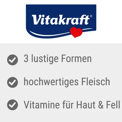 Vitakraft. 3 grappige vormen, hoogwaardig vlees, vitamines voor huid en vacht.