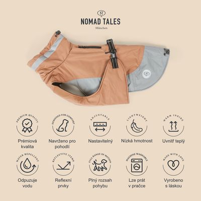 Psí obleček Nomad Tales München, viditelné texty: Prémiová kvalita, Navrženo pro pohodlí, Nastavitelný, Nízká hmotnost, Uvnitř teplý, Odpuzuje vodu, Reflexní prvky, Plný rozsah pohybu, Lze prát v pračce, Vyrobeno s láskou.