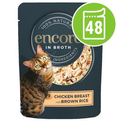 Encore In Broth kattmat, 100 % natural ingredients, Chicken Breast with Brown Rice. Förpackning med synligt innehåll och en ikon med siffran 48 uppe till höger.