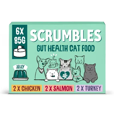 Scrumbles gut friendly cat food, complete wet food for cats in jelly. Contains 2 chicken, 2 salmon, and 2 turkey packs. Box size: 6 x 80g.