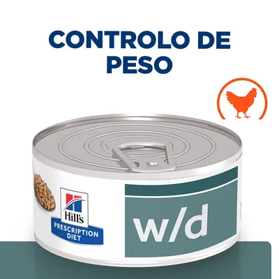 Hill's Prescription Diet w/d, lata com rótulo visível e texto 'CONTROLO DE PESO' acima. Ícone de frango laranja à direita.