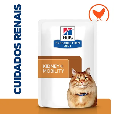 Hill's Prescription Diet Kidney + Mobility para gatos, embalagem com imagem de gato e texto 'CUIDADOS RENAIS'. Selo com silhueta de frango visível no canto superior direito.