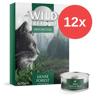 Wild Freedom Instinctive Dense Forest, 6x70g, receta sin cereales. Lata: 100 % muscle meat in total meat content. Paquete con círculo rojo y texto blanco '12x'.