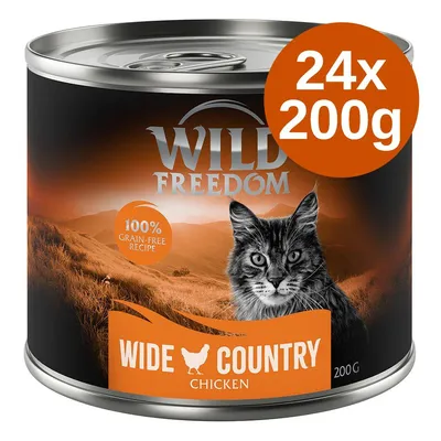 Wild Freedom Wide Country Chicken, 24×200 g, 100% grain-free recipe. Na etykiecie wizerunek kota i napis 'Wide Country Chicken'. Wild Freedom Wide Country Chicken, 24×200 g, 100% grain-free recipe. Na etykiecie wizerunek kota i napis 'Wide Country Chicken'.