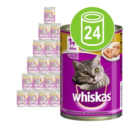 Set 24 conserve Whiskas pentru pisici adulte, etichetă mov cu imaginea unei pisici gri și text vizibil: '1+ Jahre', '100% komplett & ausgewogen'. Imagine produs și ambalaj.