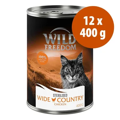 Wild Freedom Sterilised Wide Country Chicken, confezione 12 x 400 g, ricetta 100% grain-free visibile sulla lattina di alimento per gatti.