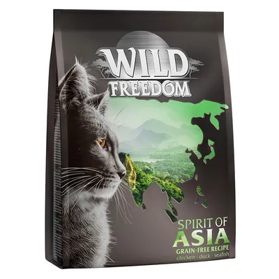 Wild Freedom Spirit of Asia kattefoder, Grain-Free Recipe, chicken • duck • seafish. Billede af kat og Asien-kort på emballagen. Wild Freedom Spirit of Asia kattefoder, Grain-Free Recipe, chicken • duck • seafish. Billede af kat og Asien-kort på emballagen.