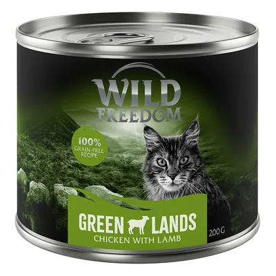 Boîte de pâtée pour chat Wild Freedom Green Lands, 200 g, texte visible : 100% grain-free recipe, chicken with lamb.