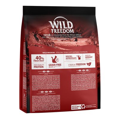 Wild Freedom kattenvoer, 40% vers vlees, graanvrij, hoogwaardige eiwitten, soortspecifiek, gemaakt in Duitsland. Verpakking met recyclebaar materiaal.