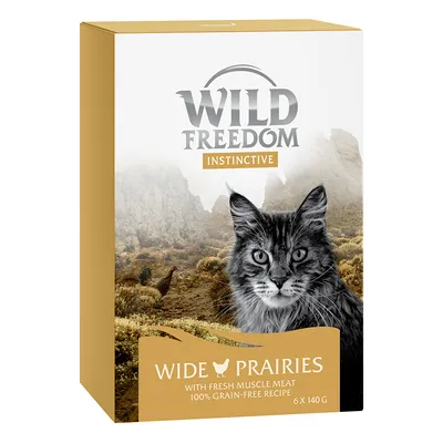 Wild Freedom Instinctive Wide Prairies kattefoder, med teksten 'with fresh muscle meat, 100% grain-free recipe, 6 x 140 g' på pakken og billede af kat. Wild Freedom Instinctive Wide Prairies kattefoder, med teksten 'with fresh muscle meat, 100% grain-free recipe, 6 x 140 g' på pakken og billede af kat.