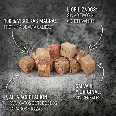 100 % vísceras magras: proteína de alta calidad. Liofilizados: sin aditivos ni conservantes. Alta aceptación: para gatos de todos los tamaños y razas. Salvaje y original: sin cereales.