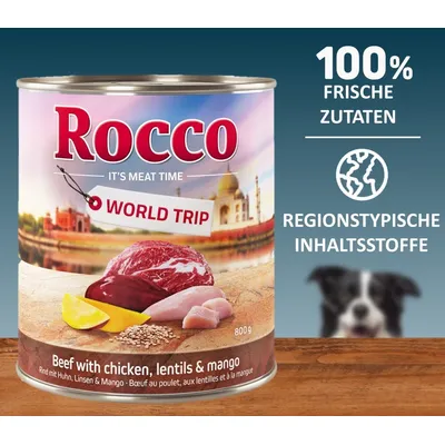Rocco World Trip. Rind mit Huhn, Linsen & Mango. 100% frische Zutaten, regionstypische Inhaltsstoffe. Dose mit 800g Inhalt.