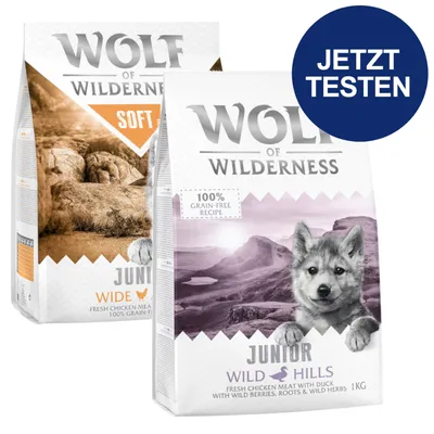 Wolf of Wilderness Junior - Probierpaket (2 x 1 kg) - Mix, 2 Sorten: Soft Wide Acres - Huhn & Wild Hills - Ente