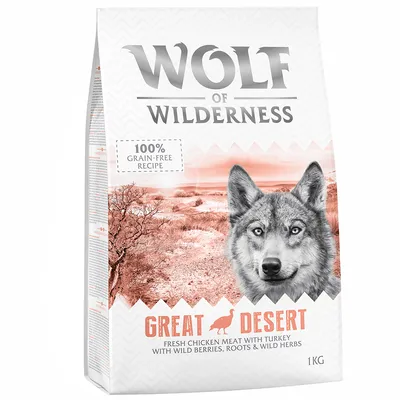 Упаковка корма Wolf of Wilderness Great Desert, 1 кг. Надпись: 100% grain-free recipe. Fresh chicken meat with turkey, wild berries, roots & wild herbs.