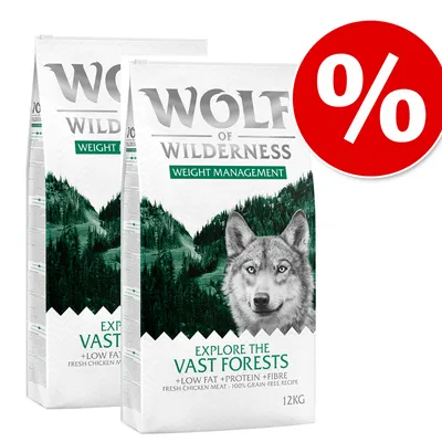 Wolf of Wilderness Weight Management ração seca, Explore the Vast Forests, 12kg, baixo teor de gordura, rico em proteína, com carne fresca de frango, sem cereais. Símbolo de desconto vermelho com sinal de percentagem.