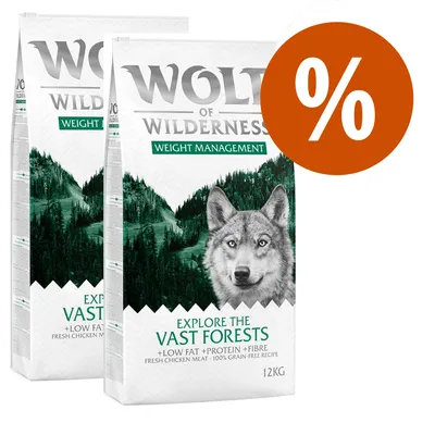 Wolf of Wilderness Weight Management, Explore the Vast Forests, 12 kg, offerta con simbolo percentuale. Testo visibile: low fat, protein, fibre, fresh chicken meat, 100% grain-free recipe.